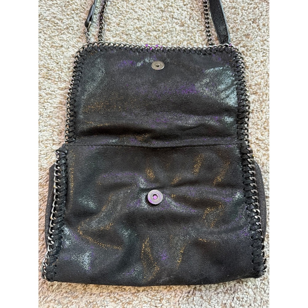 Black Iridescent Shimmer Crossbody Bag Gunmetal Chain Whipstitch Trim Shoulder - Picture 3 of 8